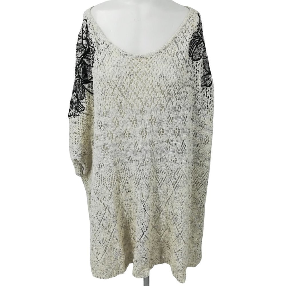 Knitted & Knotted Embroidered Tunic Sweater Size XS/S Flowers Open Knit Beige